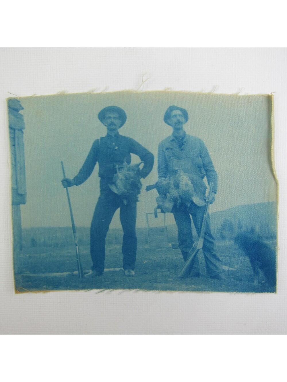 Cyanotype Photograph On Cloth Two Men Hunting Game Birds Antique 1800s RARE